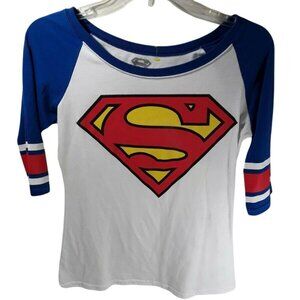 Superman Logo 3/4 Sleeve Raglan Shirt Blue & White Vintage Style